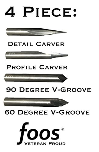 FOOS - Engraving CNC Wood Carving Router Bit Set - 4pcs - Solid Carbide - 1/4” Shanks - Veteran Owned = Profile + Carving Liner + 2 V Groove USA Veteran Owned