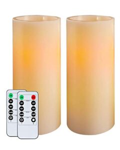 homemory 9" x 3" flameless candles battery operated, flickering led pillar candles with timers and 2 remote controls, indoor only, flat top, ivory white wax, set of 2