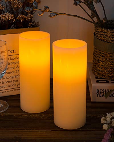 Homemory 9" x 3" Flameless Candles Battery Operated, Flickering LED Pillar Candles with Timers and 2 Remote Controls, Indoor Only, Flat Top, Ivory White Wax, Set of 2