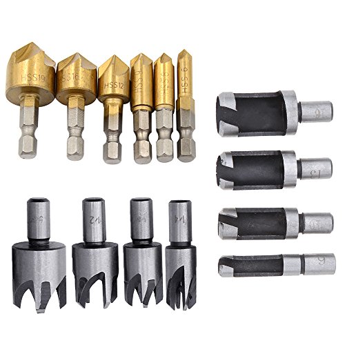 Ginode 8 pcs 5/8" 1/2" 3/8" 1/4" Wood Plug Cutter Tool Drill Bits Set + 6PCS 1/4'' Hex Shank HSS 5 Flute Countersink Drill Bit Set (14pcs)