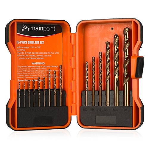 Twist Drill Bit Set 15-Piece Round Handle SAE HSS Perfect for Wood Plastic Metal with Plastic Box