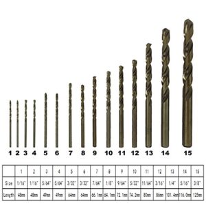 Twist Drill Bit Set 15-Piece Round Handle SAE HSS Perfect for Wood Plastic Metal with Plastic Box