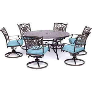 hanover 7-piece traditions 60" round cast-top table and 6 swivel rockers with blue cushions, patio dining set for 6, premium weather resistant outdoor furniture