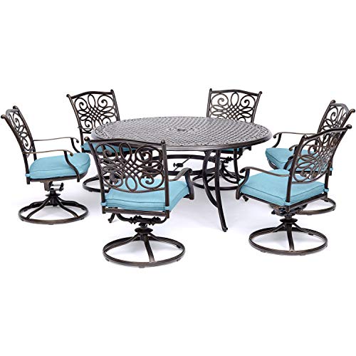 Hanover 7-Piece Traditions 60" Round Cast-Top Table and 6 Swivel Rockers with Blue Cushions, Patio Dining Set for 6, Premium Weather Resistant Outdoor Furniture