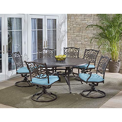 Hanover 7-Piece Traditions 60" Round Cast-Top Table and 6 Swivel Rockers with Blue Cushions, Patio Dining Set for 6, Premium Weather Resistant Outdoor Furniture