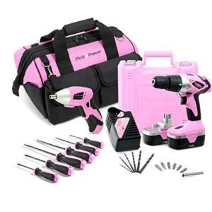 pink power drill set for women - 18v lightweight pink cordless drill driver & electric screwdriver combo kit with tool bag for ladies home tool kit - wireless pink drill set with battery and charger