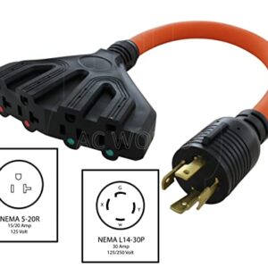 AC WORKS L14-30 30Amp 4-Prong Locking Generator Distribution Cord (1.5FT L14-30 to Four 15/20A Household)