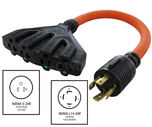 AC WORKS L14-30 30Amp 4-Prong Locking Generator Distribution Cord (1.5FT L14-30 to Four 15/20A Household)