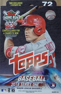 2018 topps baseball factory sealed series one hanger box with 72 cards per box including 2 retail exclusive legends in the making cards and possible autos, game used relic cards and more