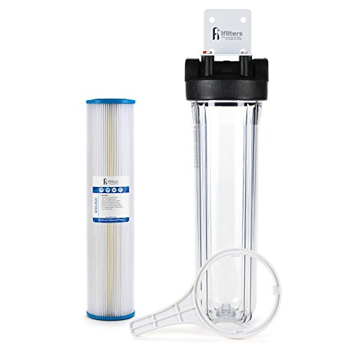 Well Water Whole House Sediment & Rust Complete Filtration System, Pleated Washable Filter, 20" Clear Housing 1" Ports