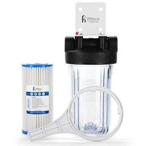 well water whole house sediment & rust complete filtration system with pleated washable filter, clear housing 1" ports