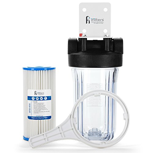 Well Water Whole House Sediment & Rust Complete Filtration System with Pleated Washable filter, Clear Housing 1" Ports