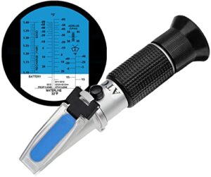 trz 4-in-1 refractometer ethylene glycol, propylene glycol in automotive antifreeze fluids(g11,g12, g13) freezing temperature and concentration, automotive and industrial battery fluid, def