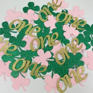 St. Patrick's Day Birthday - Shamrock Gold Glitter ONE Pink and Green Irish First Birthday Confetti - Lucky ONE - Four Leaf Clover - Little Leprechaun Party - Set of 275 Pieces