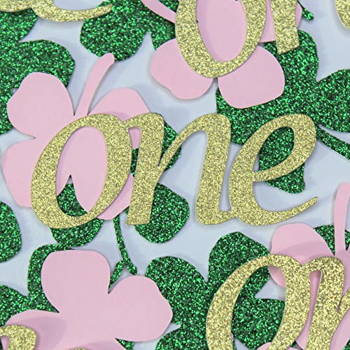 St. Patrick's Day Birthday - Shamrock Gold Glitter ONE Pink and Green Irish First Birthday Confetti - Lucky ONE - Four Leaf Clover - Little Leprechaun Party - Set of 275 Pieces