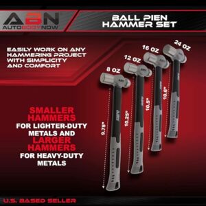 ABN Ball Pein Hammer 4-pc Set – 8, 12, 16, 24 oz Ounce – Fiberglass & Carbon Steel for Metal Rivet, Chisel, Punch