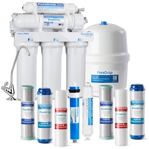 PureDrop RTW5 5 Stage Reverse Osmosis Water Filter System with Faucet and Tank - TDS Reduction Under Sink RO Water Filtration Plus Extra 3 Filters, 50 GPD, White