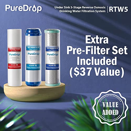PureDrop RTW5 5 Stage Reverse Osmosis Water Filter System with Faucet and Tank - TDS Reduction Under Sink RO Water Filtration Plus Extra 3 Filters, 50 GPD, White