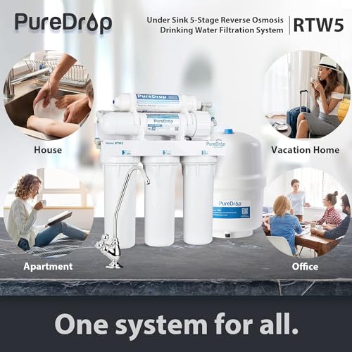 PureDrop RTW5 5 Stage Reverse Osmosis Water Filter System with Faucet and Tank - TDS Reduction Under Sink RO Water Filtration Plus Extra 3 Filters, 50 GPD, White