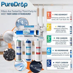 PureDrop RTW5 5 Stage Reverse Osmosis Water Filter System with Faucet and Tank - TDS Reduction Under Sink RO Water Filtration Plus Extra 3 Filters, 50 GPD, White