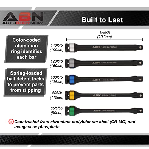 ABN 1/2in Drive 8in Long Color-Coded Torque Limiting Socket Extension Bar 5pc Tool Kit 65-140 ft/lb Set