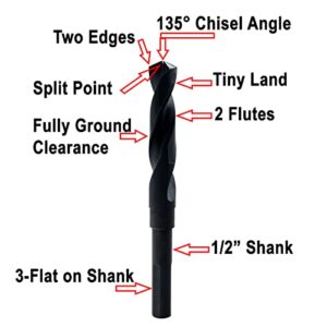 MAXTOOL 21/32" Silver and Deming Drill Bits HSS M2 S & D Drill Bits Prentice Twist Drills Black Oxide 3-Flat on 1/2" Shank 3-Flat 6" OAL; SD02B03R042