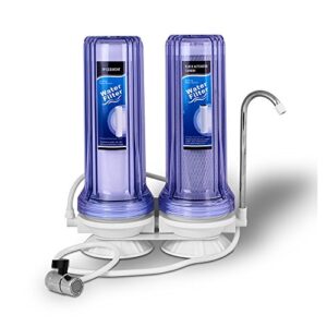 ronaqua 2 stages countertop drinking water filtration system removes chlorine, polypropylene sediment filter, block activated carbon filter, transparent housings, and meets nsf standards & regulations
