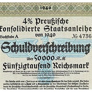 1940 DE RARE ORIGINAL 50,000 MARK NAZI WAR BOND w BLUE EAGLE, 2 SWASTIKAS 50,0000 Marks Crisp Uncirculated