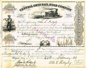 1877 rare original central ohio railroad (zanesville) stock certificate w multiple signatures various share amounts extremely fine