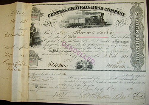 1877 RARE ORIGINAL CENTRAL OHIO RAILROAD (ZANESVILLE) STOCK CERTIFICATE w MULTIPLE SIGNATURES Various Share Amounts Extremely Fine