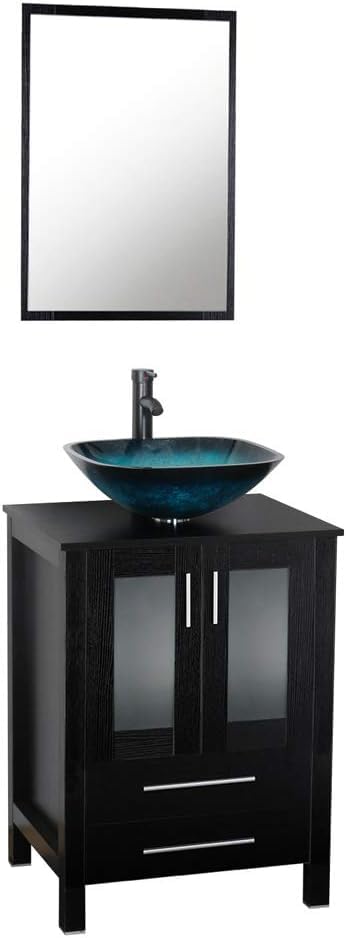 U-Eway 24 Inch Black Bathroom Vanity Square Tempered Glass Vessel Sink Combo 1.5 GPM Faucet Oil Rubbed Bronze Bathroom Vanity Top with Sink Bowl, 20-inch Deep and 30% Water Saving