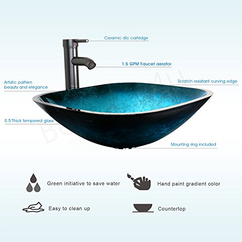 U-Eway 24 Inch Black Bathroom Vanity Square Tempered Glass Vessel Sink Combo 1.5 GPM Faucet Oil Rubbed Bronze Bathroom Vanity Top with Sink Bowl, 20-inch Deep and 30% Water Saving