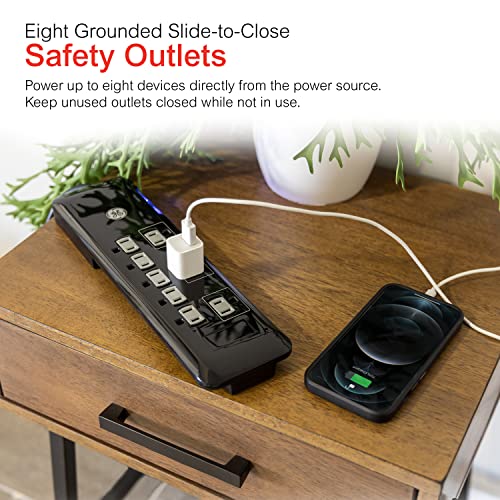 GE Surge Protector, 8 Outlet Power Strip, Extra-Long 8ft Power Cord, Flat Plug, Power Filter, Circuit Breaker, 2160 Joules, Warranty, Black, 37870