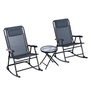 outsunny 3 piece outdoor rocking bistro set, patio folding chair table set with glass coffee table for yard, patio, deck, backyard, grey