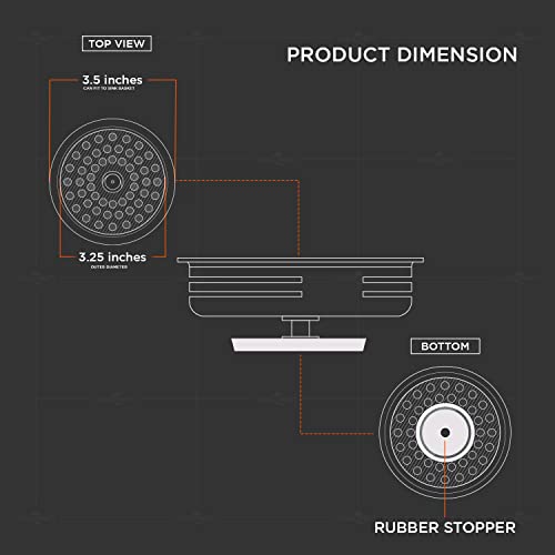 Highcraft 9843 Stainless Steel Kitchen Sink Strainer Basket-Replacement for Standard Drains (3-1/2 Inch) -Universal Style Rubber Stopper