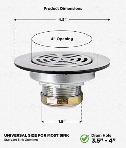 Highcraft 97I3 Flat Stainless Steel RV Mobile Shower Strainer-Drain Assembly for Kitchen or Laundry Sinks, Large