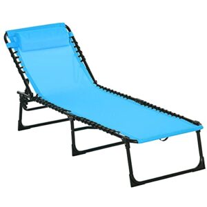 outsunny folding chaise lounge pool chair, patio sun tanning chair, outdoor lounge chair with 4-position reclining back, breathable mesh seat for beach, yard, patio, blue