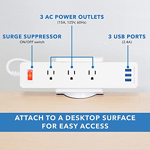 Mount-It! Power Strip Holder Clamp Desk Mount with Included Surge Protector | White Desktop Power Outlet with 3 USB Ports and 3 AC Power Outlets | Adjustable Power Strip Clamp Mount