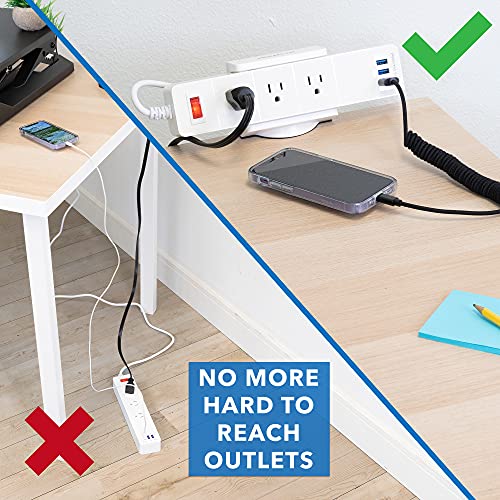 Mount-It! Power Strip Holder Clamp Desk Mount with Included Surge Protector | White Desktop Power Outlet with 3 USB Ports and 3 AC Power Outlets | Adjustable Power Strip Clamp Mount