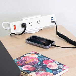 Mount-It! Power Strip Holder Clamp Desk Mount with Included Surge Protector | White Desktop Power Outlet with 3 USB Ports and 3 AC Power Outlets | Adjustable Power Strip Clamp Mount