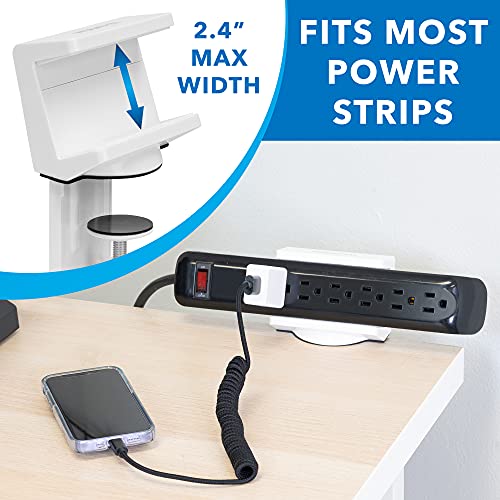 Mount-It! Power Strip Holder Clamp Desk Mount with Included Surge Protector | White Desktop Power Outlet with 3 USB Ports and 3 AC Power Outlets | Adjustable Power Strip Clamp Mount