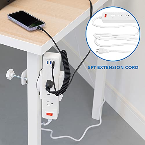 Mount-It! Power Strip Holder Clamp Desk Mount with Included Surge Protector | White Desktop Power Outlet with 3 USB Ports and 3 AC Power Outlets | Adjustable Power Strip Clamp Mount