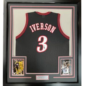 framed autographed/signed allen iverson 33x42 philadelphia black basketball jersey jsa coa