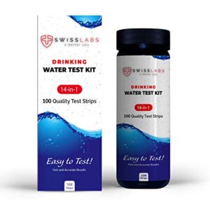 swiss labs 14 in 1 drinking water test kit,100 strips for easy home testing with fast & accurate results, improved sensitivity with low range detection for lead, fluoride, mercury, iron and copper +