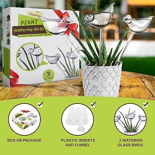 Durable glass Bird Design Watering globes - 3 pack Gift for gardeners, Her or Mom with 3 Water Bulbs, a Funnel + 3 spikes against dirt for Indoor Plants / Watering Bulbs, Water Globes, Home Decoration