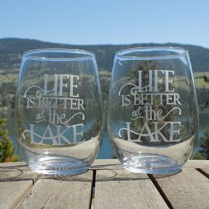 Life is Better at the Lake, Lake House Decor, Set of Two 20oz Etched Wine Glasses