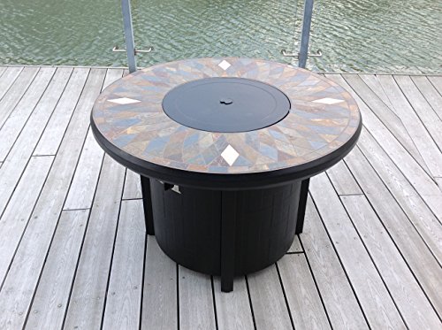 Pebble Lane Living Exclusive Natural Slate Top Outdoor Fire Pit with Metal Cover & 50,000 BTU Burner, Rust Resistant Powder Coating, Lava Rocks Included, Sleek Bronze Frame, 42" W x 27.5" H