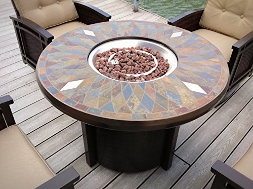 Pebble Lane Living Exclusive Natural Slate Top Outdoor Fire Pit with Metal Cover & 50,000 BTU Burner, Rust Resistant Powder Coating, Lava Rocks Included, Sleek Bronze Frame, 42" W x 27.5" H