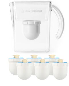 clearly filtered no. 1 filtered water pitcher for fluoride/water filter pitcher + 6 replacement filters, bpa/bps-free/filters 365+ contaminants including fluoride, lead, bpa, pfoa