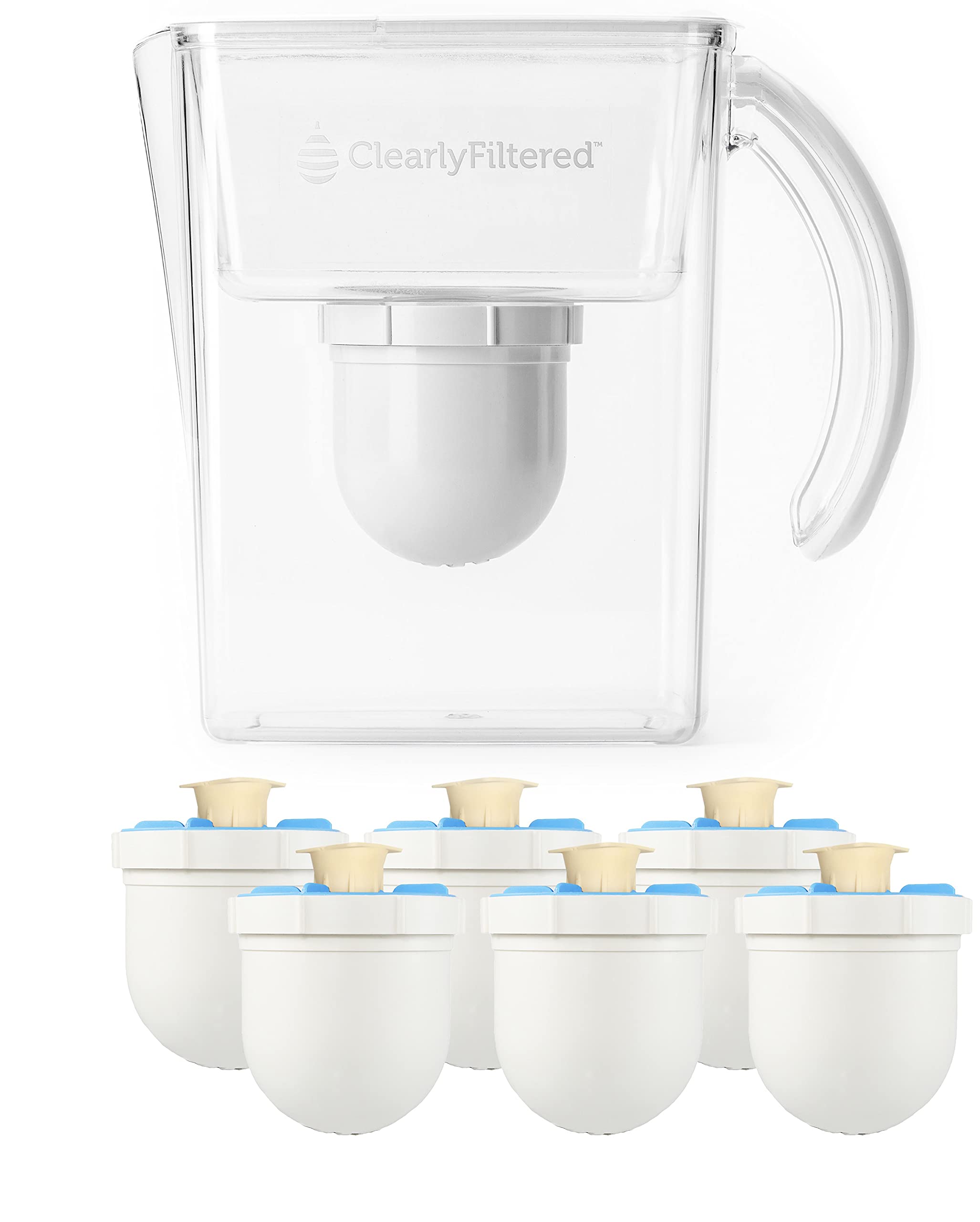 Clearly Filtered No. 1 Filtered Water Pitcher for Fluoride/Water Filter Pitcher + 6 Replacement Filters, BPA/BPS-Free/Filters 365+ Contaminants Including Fluoride, Lead, BPA, PFOA